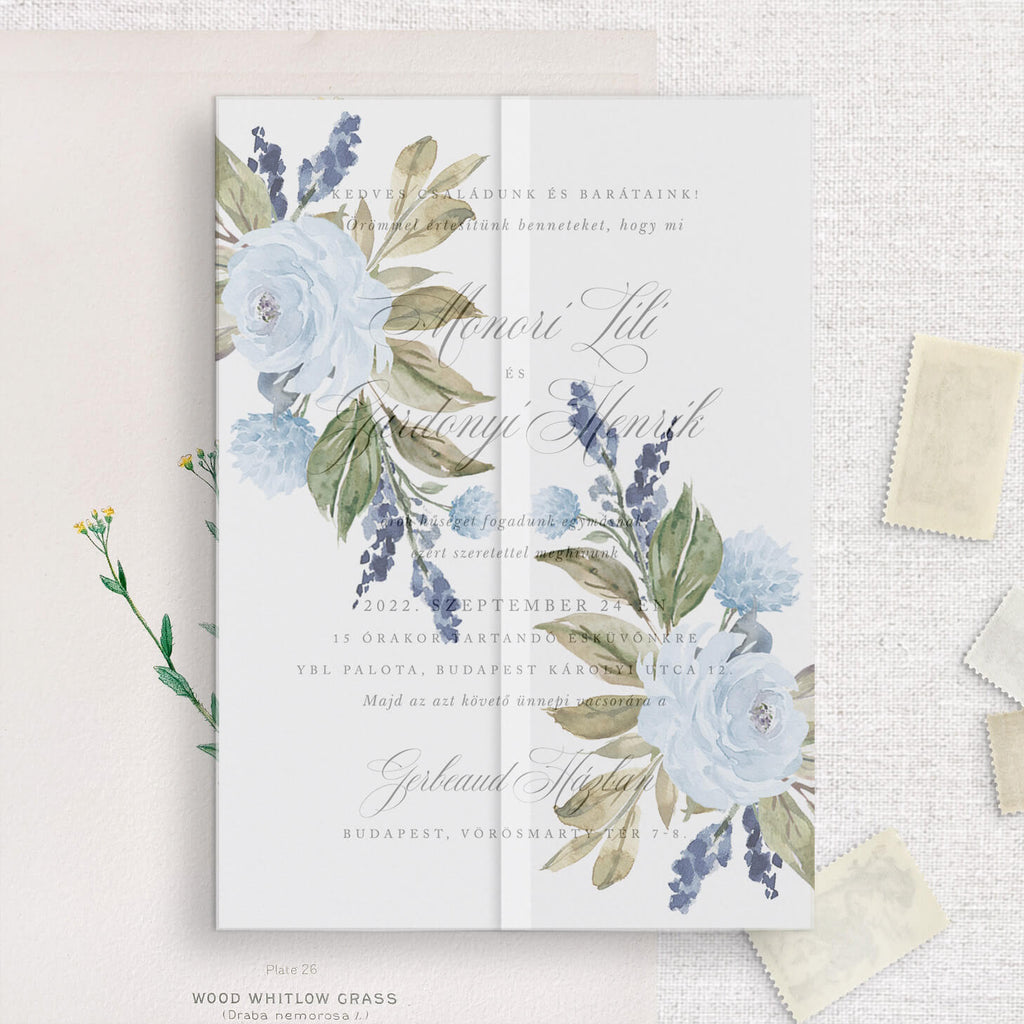 Kék virágos esküvői pausz borító