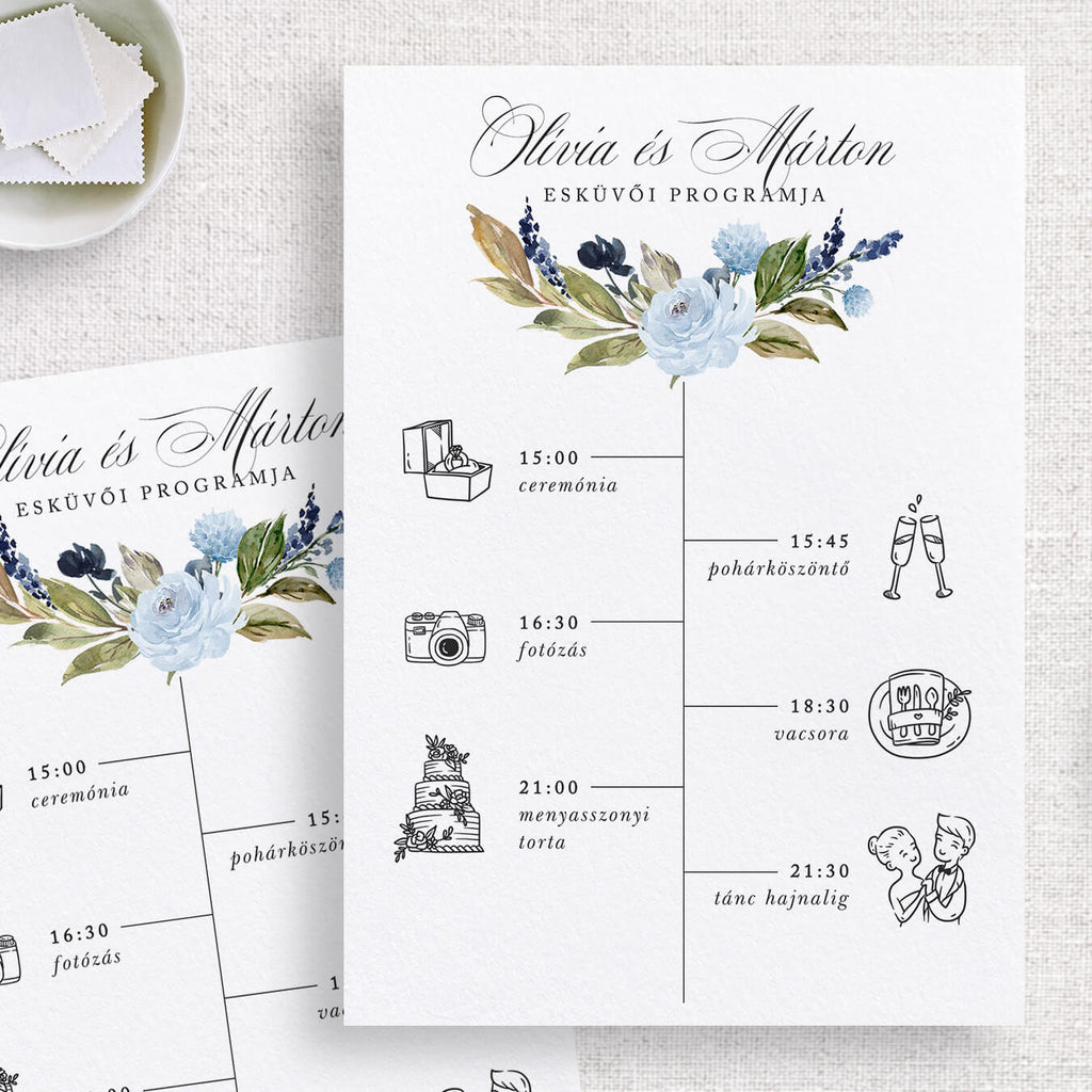 Kék virágos esküvői program kártya