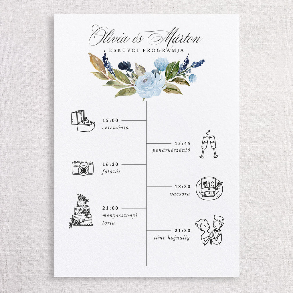 Kék virágos esküvői programtábla - Instant Meghívó