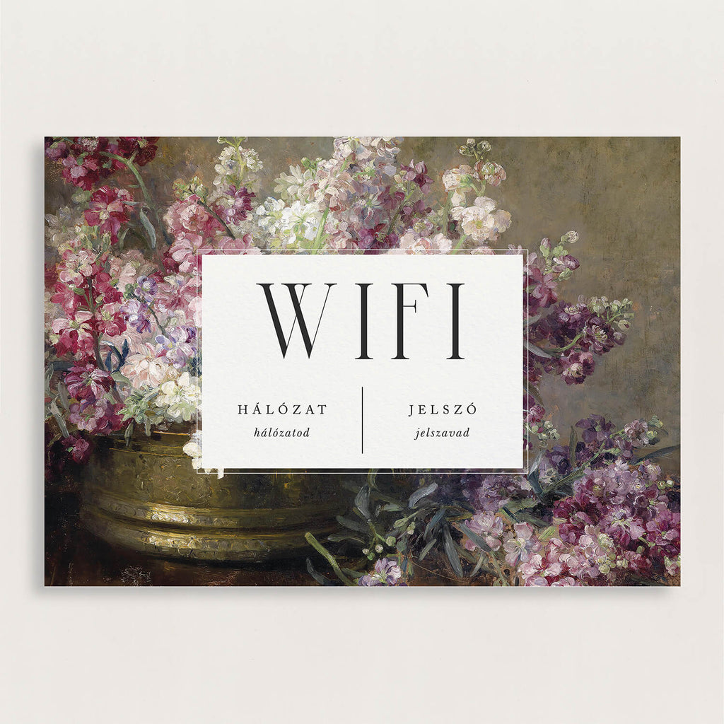 Mályvaszínű, virágos WiFi jelszó tábla - Instant Meghívó