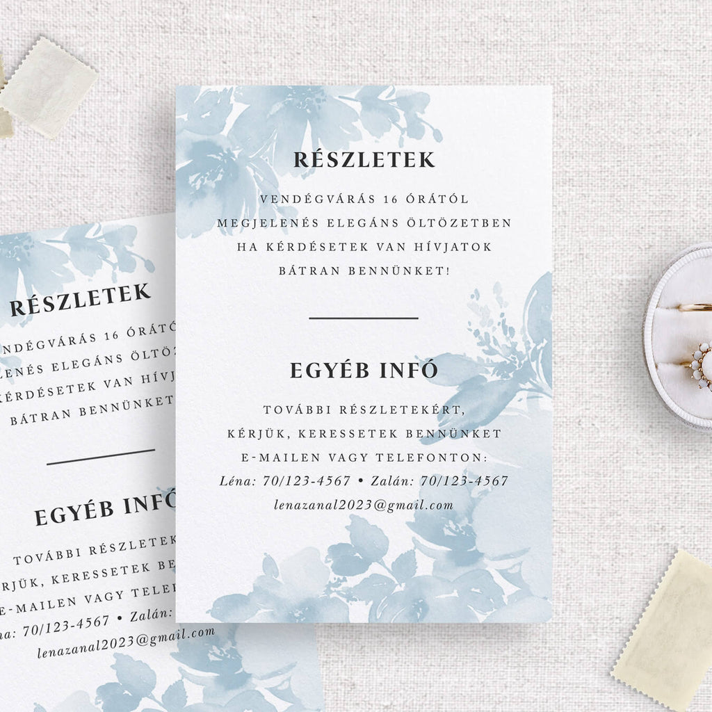 Instant Meghívó Pasztel virágok (kék) esküvői információs kártya