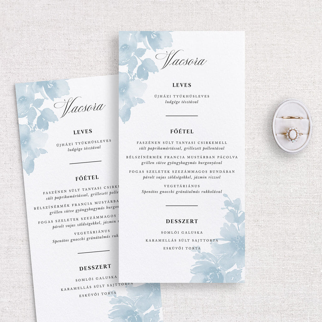 Instant Meghívó Pasztel virágok (kék) esküvői menükártya