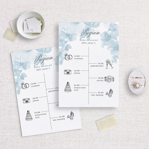 Instant Meghívó Pasztel virágok (kék) esküvői program kártya