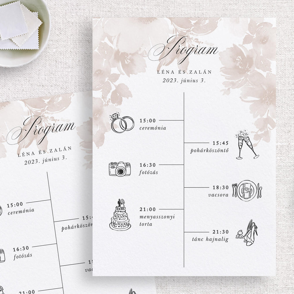 Instant Meghívó Pasztel virágok (latte) esküvői program kártya
