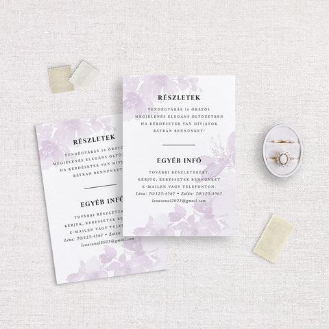 Instant Meghívó Pasztel virágok (lila) esküvői információs kártya
