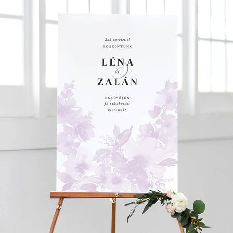 Instant Meghívó Pasztel virágok (lila) esküvői köszöntő tábla
