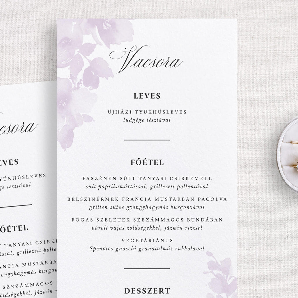 Instant Meghívó Pasztel virágok (lila) esküvői menükártya