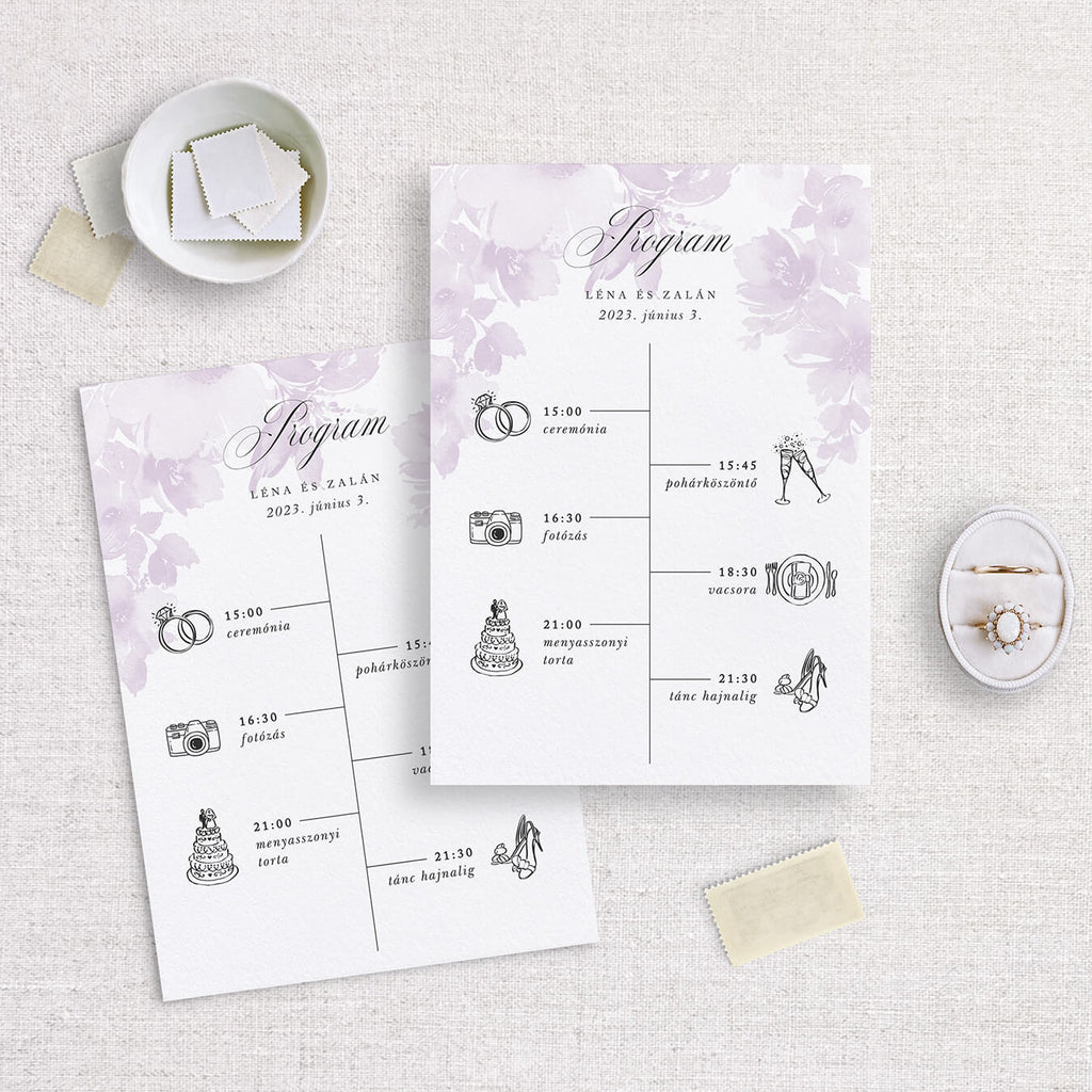 Instant Meghívó Pasztel virágok (lila) esküvői program kártya