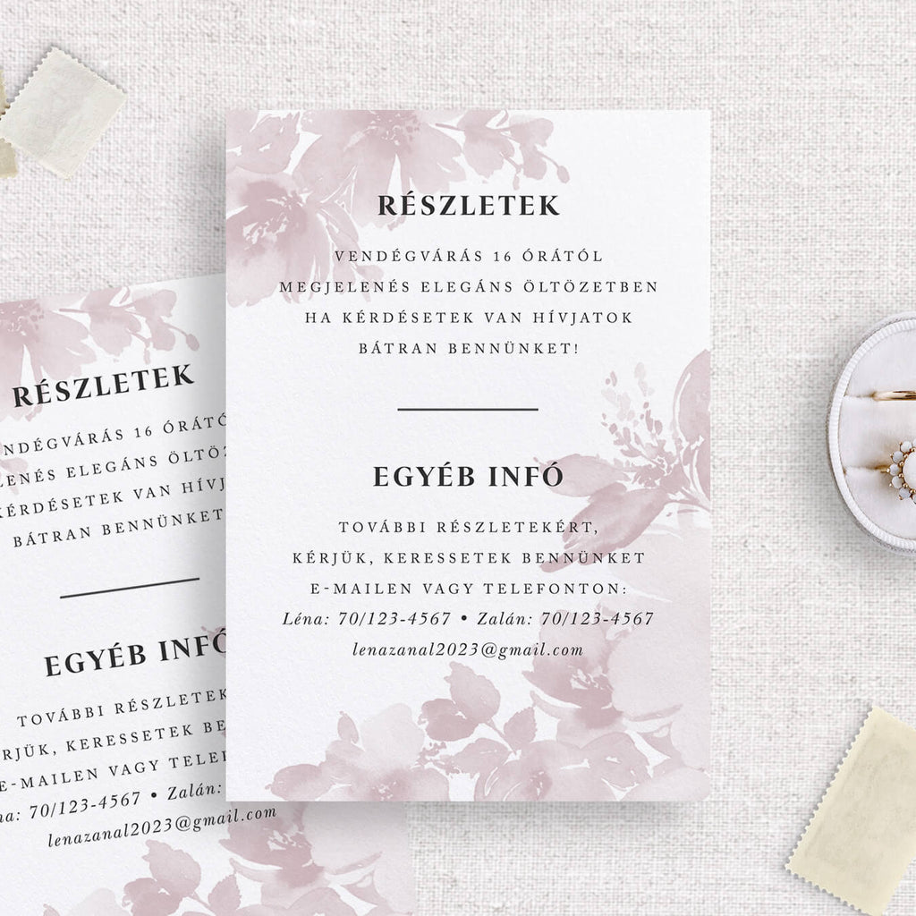 Pasztel virágok (mályva) esküvői információs kártya