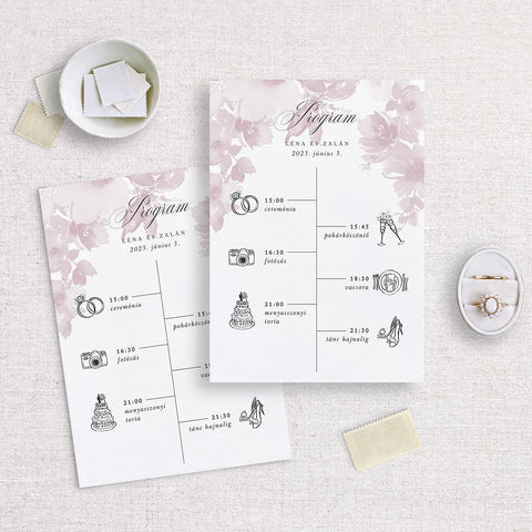Pasztel virágok (mályva) esküvői program kártya