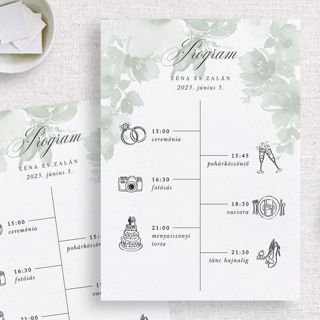 Instant Meghívó Pasztel virágok (zöld) esküvői program kártya