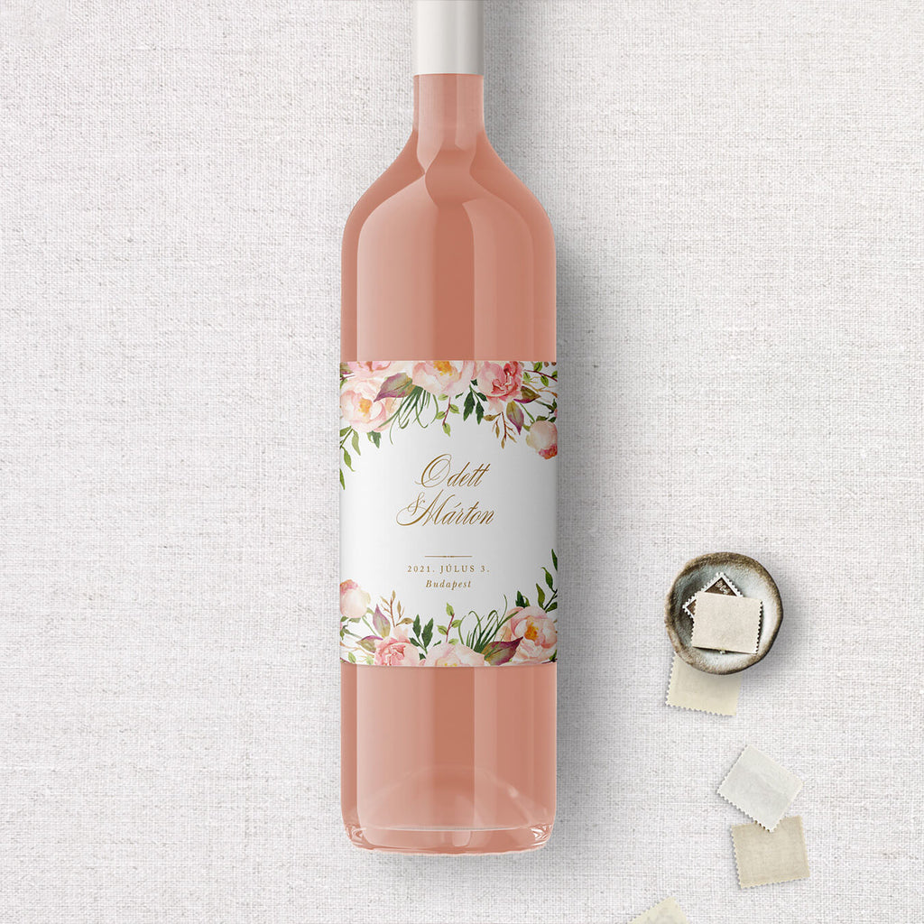 Pink virágos esküvői boros címke