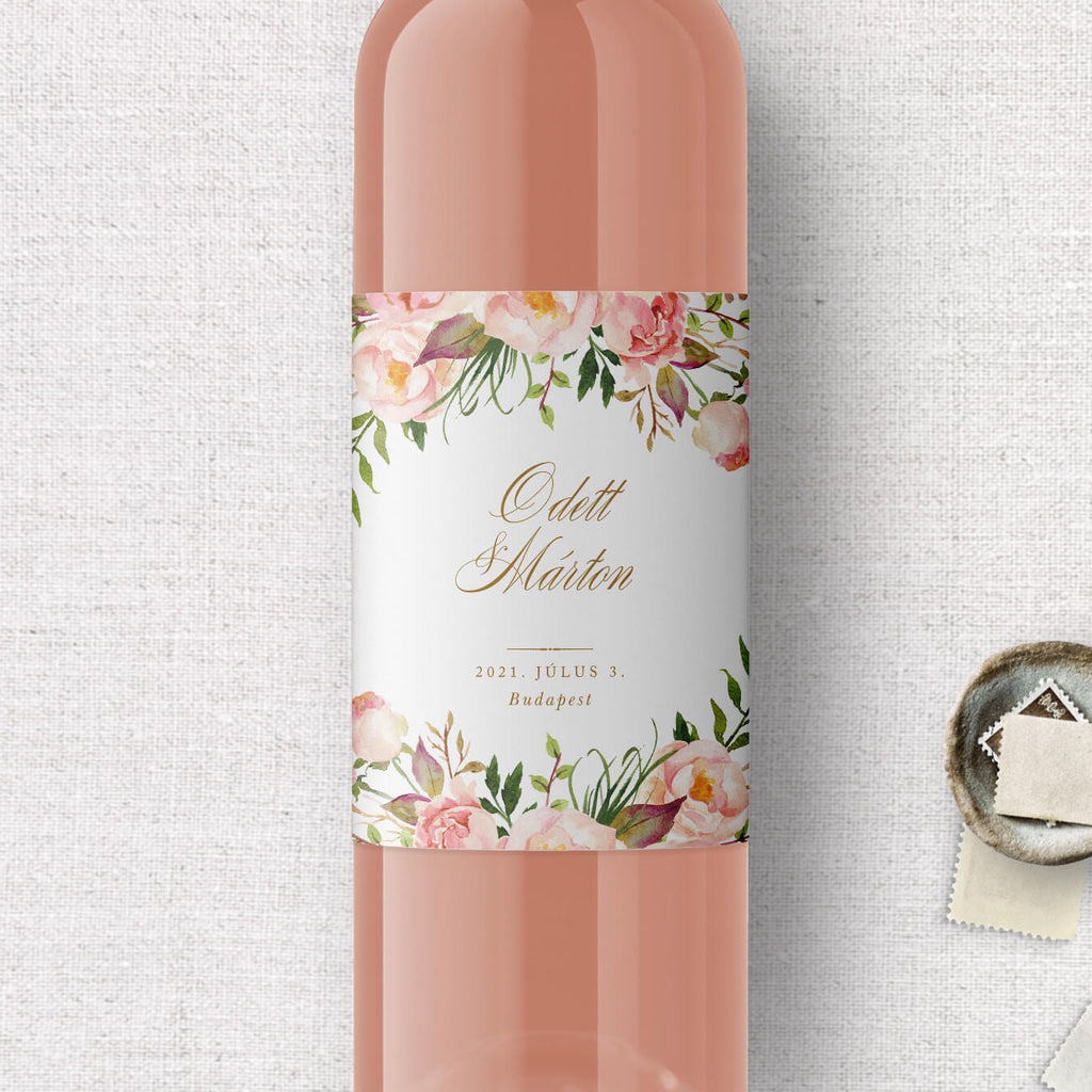 Pink virágos esküvői boros címke
