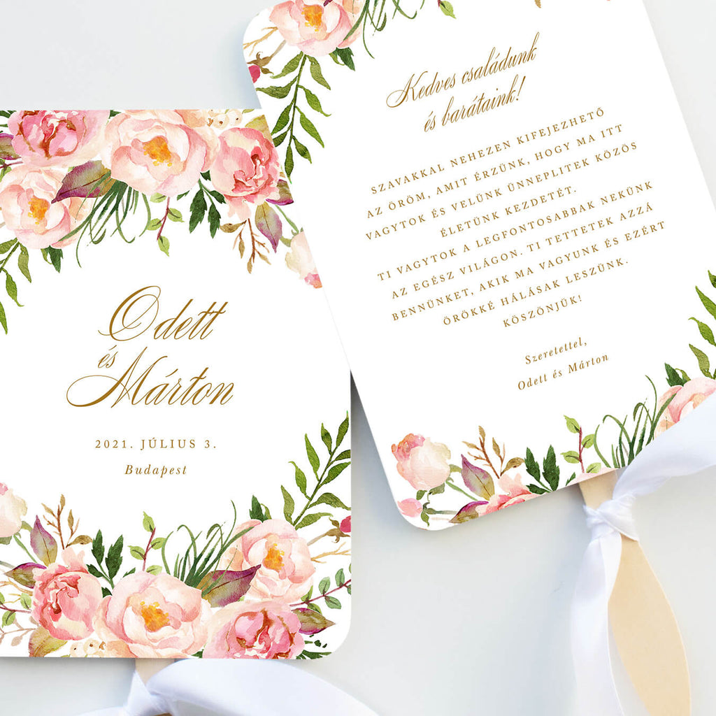 Pink virágos esküvői legyező - Instant Meghívó