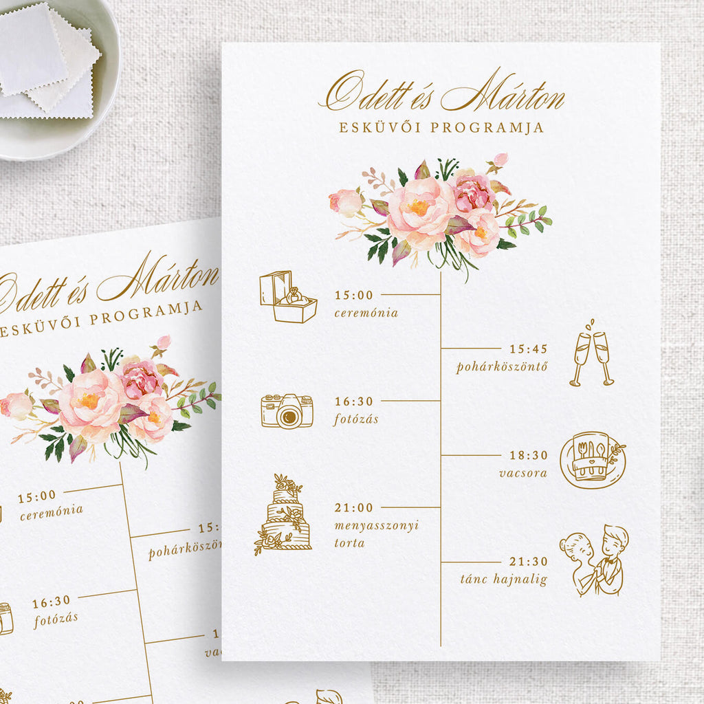 Pink virágos esküvői program kártya