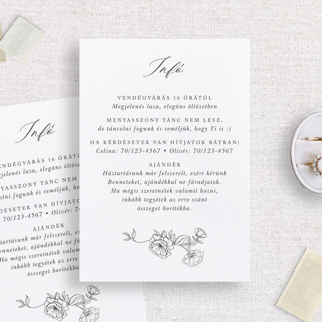Egyszerű, rajzolt rózsás esküvői információs kártya