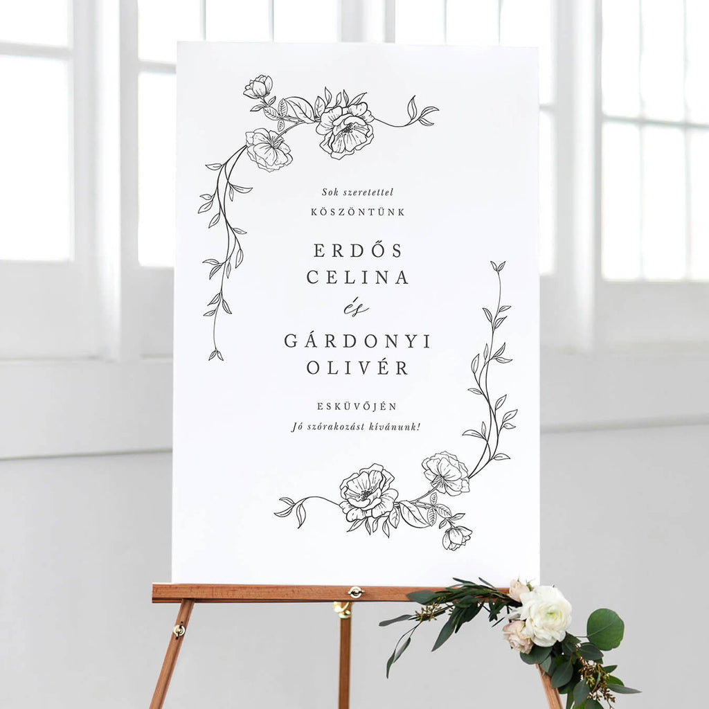 Egyszerű, rajzolt rózsás esküvői köszöntő tábla