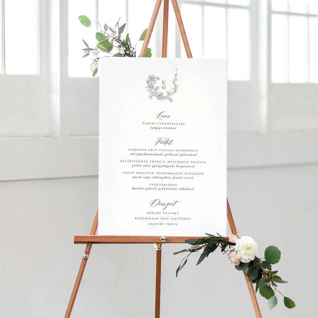 Egyszerű, rajzolt rózsás esküvői menütábla - Instant Meghívó