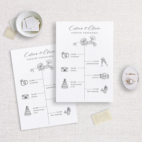 Egyszerű, rajzolt rózsás esküvői program kártya