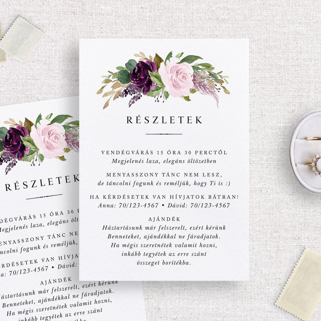 Sötétlila virágos esküvői információs kártya