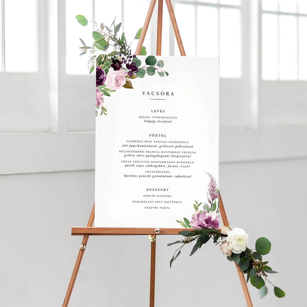 Sötétlila virágos esküvői menütábla - Instant Meghívó