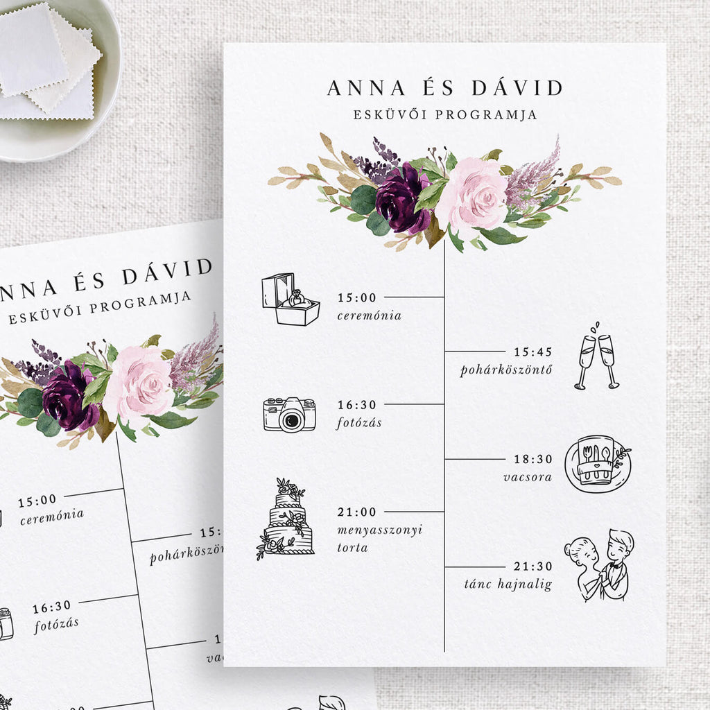 Sötétlila virágos esküvői program kártya