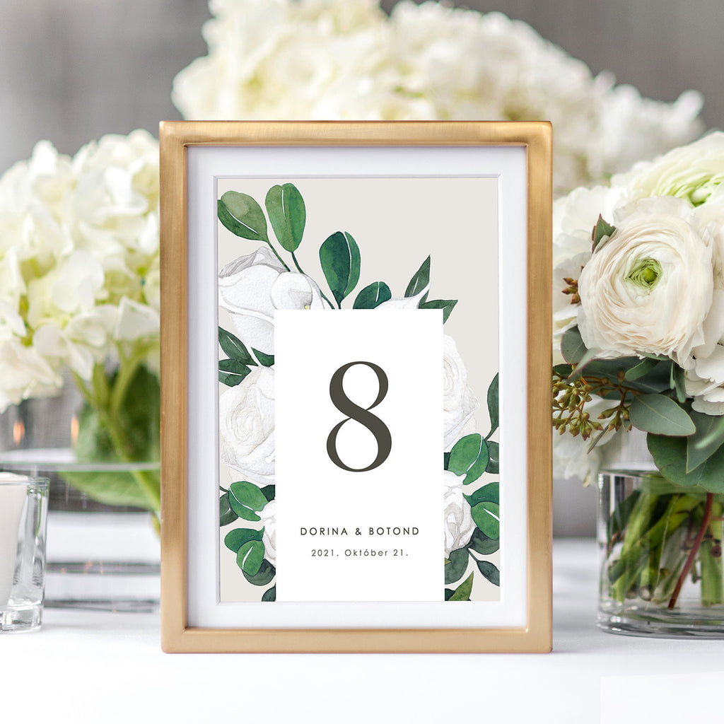 Fehér rózsás esküvői asztalszám